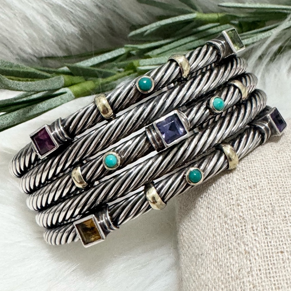 David Yurman .925 14K Gold Five Row Renaissance Cable Cuff Bracelet w/Gemstones